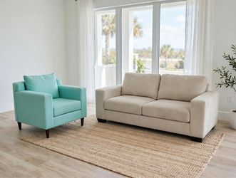 Beige Fabric Loveseat and Teal Accent Chair Set