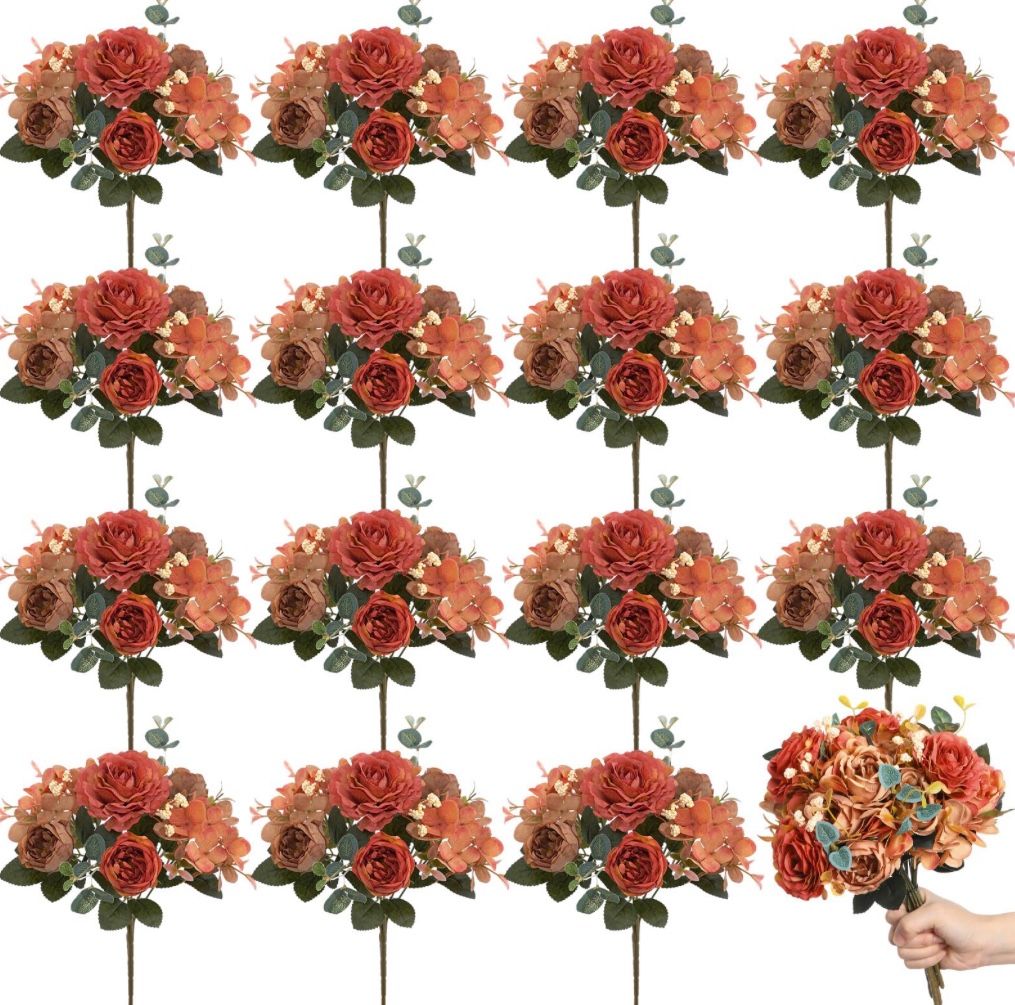 Yunlly 16 Packs Artificial Peony Flowers Faux Peonies Bouquet Silk Vintage Wedding Home Table Door Decor Reusable Bouquet Rose Flowers For Bridal Wedd