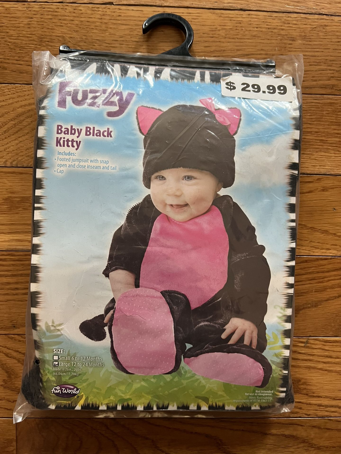 Infant Toddler Black Kitty Costume 12-24 Months Includes footed jumpsuit w/snap open and close inseam and tail and cap