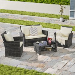 4 Pieces Outdoor Patio Furniture Sets Garden Rattan Chair Wicker Set, Poolside Lawn Chairs with Tempered Glass Coffee Table Porch Furniture