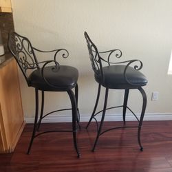 2 Metal And Real Leather Swivel Bar Stools