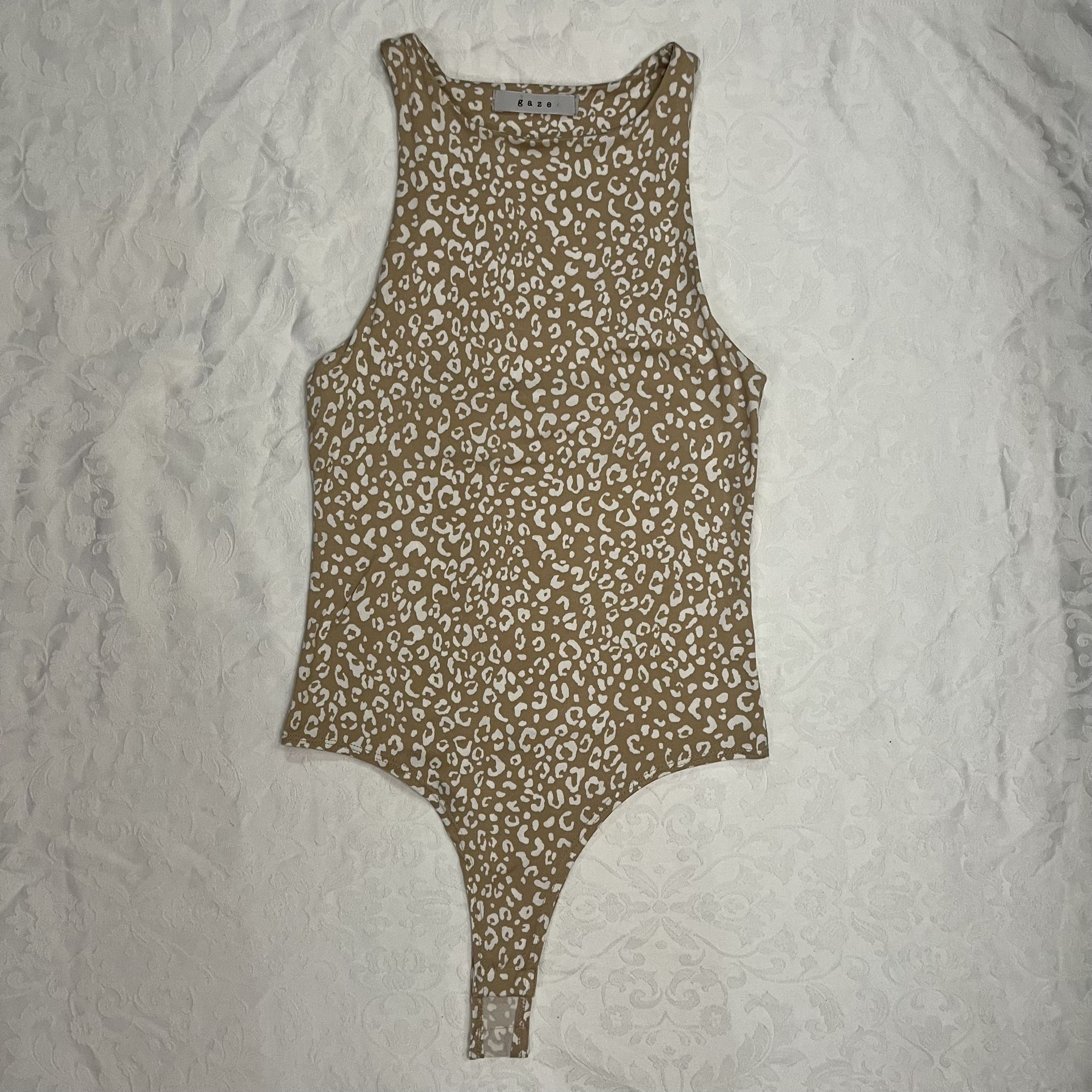 Beige & White Leopard Print Tank Bodysuit