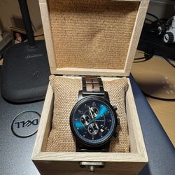 Avant Wood Men's Chronograph Wristwatch Blue Dial Brown Wood Metal Band NIB