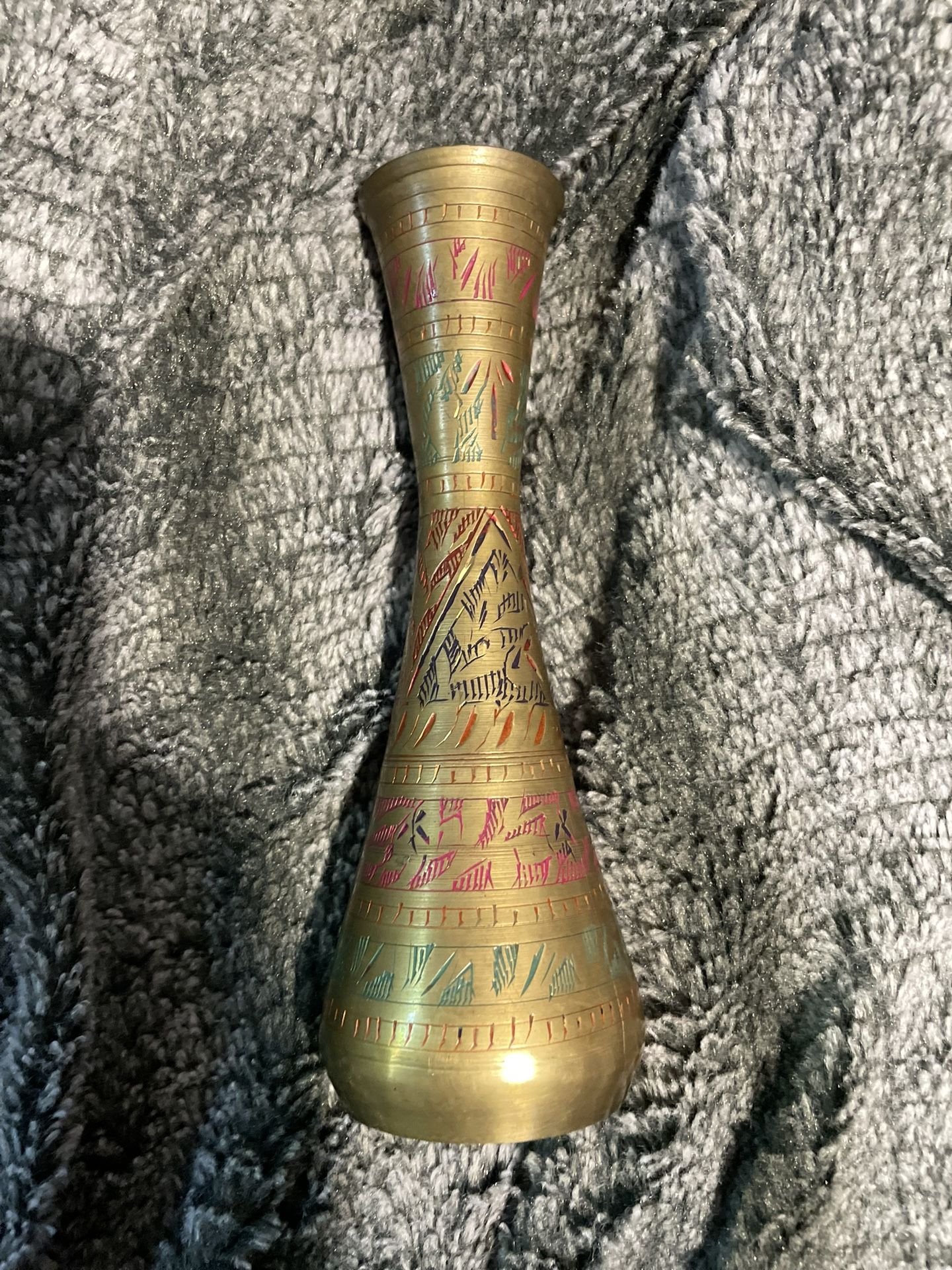 Vintage Brass Vase Etched Flowers & Leaves Handmade 7.5 H Made In India Art Deco