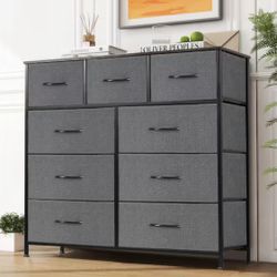 9-Drawer Chest of Drawers Fabric Storage Tower with Steel Frame, Wooden Top Grey