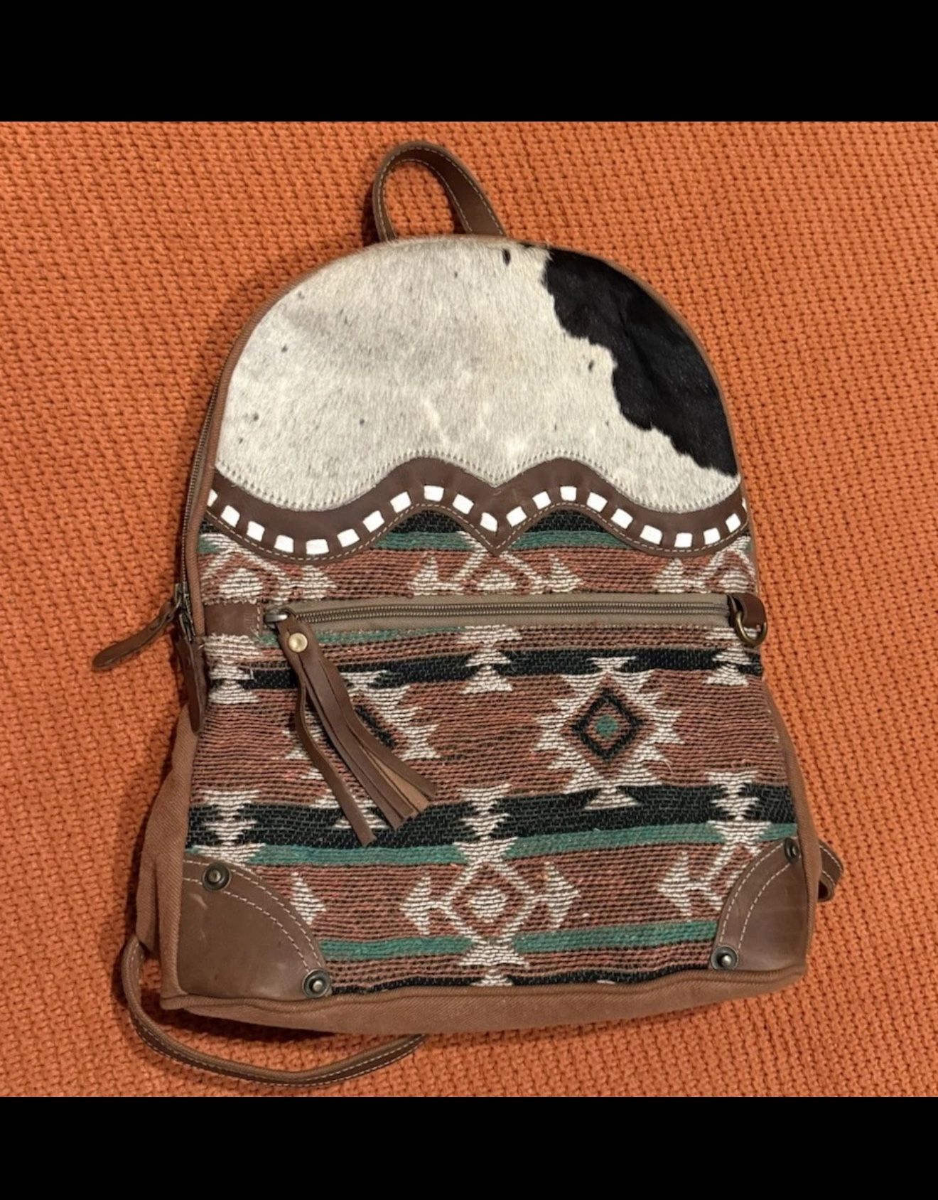 Myra Western Boho Rustic Backpack Leather Cotton Fringe Adjustable Straps