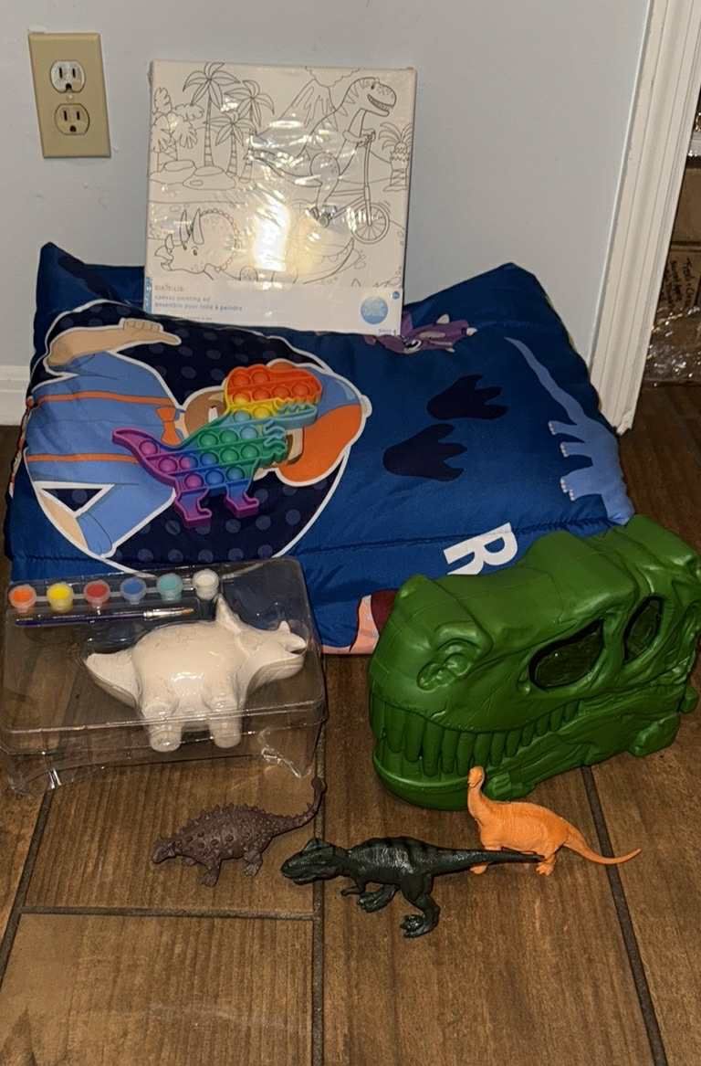 Dinosaur themed comforter plus Toys - play,paint have fun