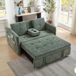 Green Corduroy Sofa Bed with Cup Holder and Charger