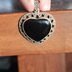 Vintage Heart Pendant - Sterling Silver, Onyx And marcasite