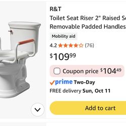 R&T Toilet Seat Riser 2" Raised Seat With Removable Padded Handles Fit For Elongated Toilets