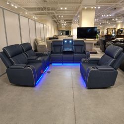 3 piece power reclining sofa set with led  lighting