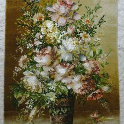 Roses in vase Design Silk Carpet Hand Knotted-Pile Tableau Rug