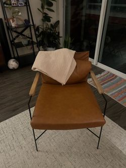 Cognac Brown Faux Leather Accent Chair with Wood Arms