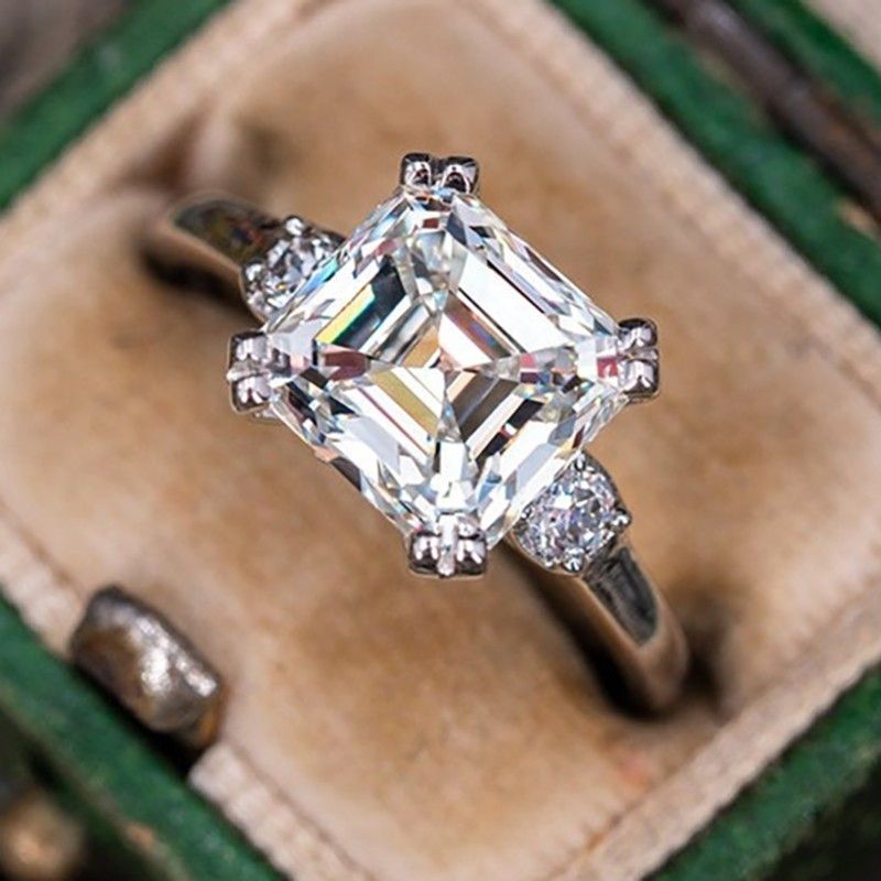 "Asscher Cut Moissanite 3 Stone Wedding Promise Ring, GPMB1639
  
  