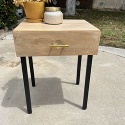 Modern Nightstand / End Table with Drawer – Wood + Gold Handle