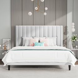 Queen Size Bed Frame/Velvet Upholstered Platform Bed Frame with Headboard/Strong Wood Slats Support/Mattress Foundation/No Box Spring Needed/Easy Asse