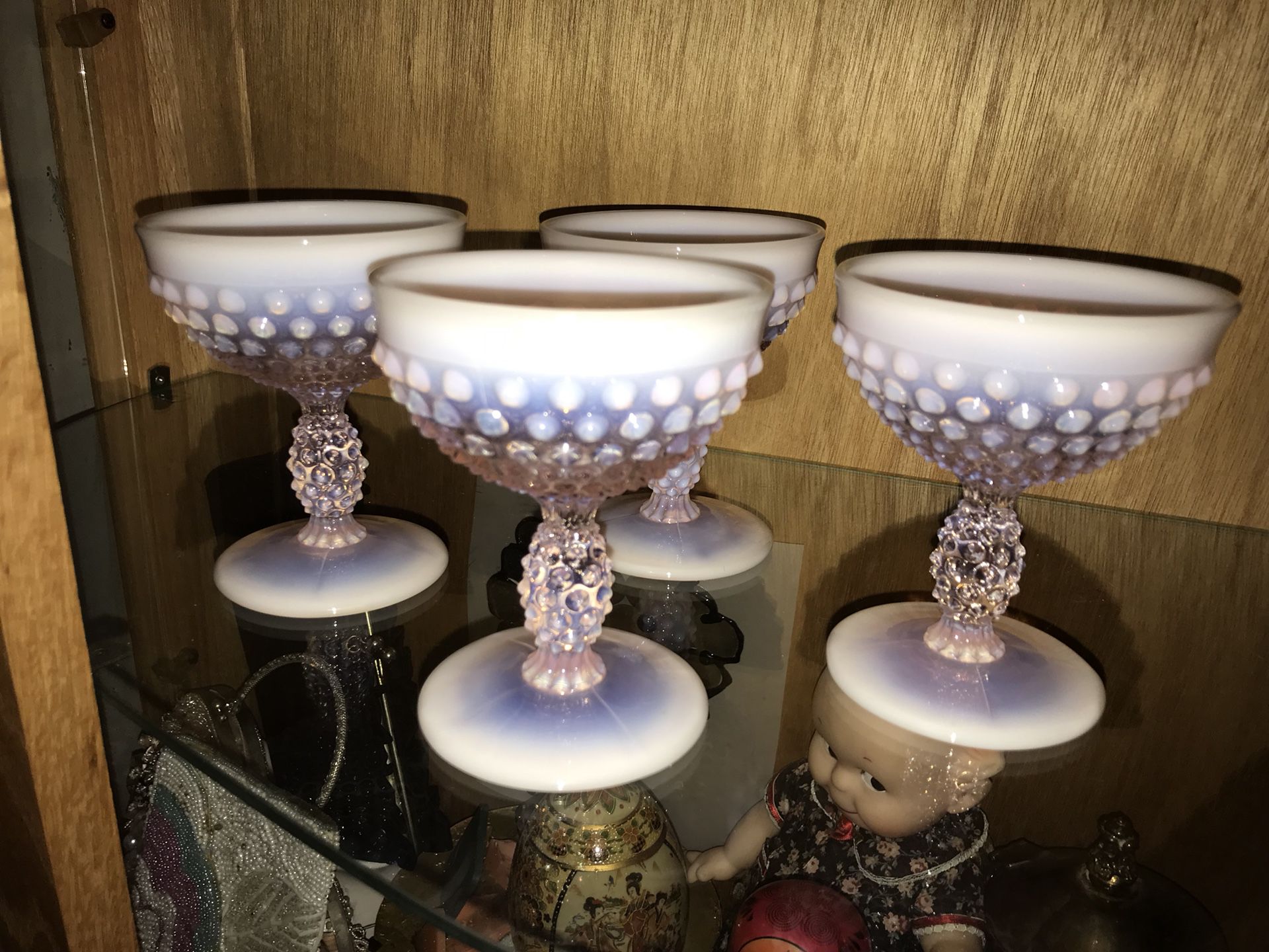 Fenton Hobnail collectible depression glass opalescent set of 4 rose pink goblets glasses