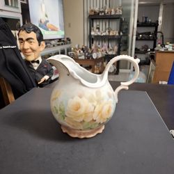 Vintage Art Nouveau Mid 20th Century Yellow Rose Design Porcelain Pitcher W/Ice Guard, Gold Accents & Scalloped Holds 44OZ Signed Artist Minden