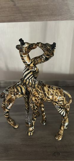 Vtg La Vie Giraffe Kissing Pair Set Safari Decoupage Patchwork Glazed Zebra 10 Inch