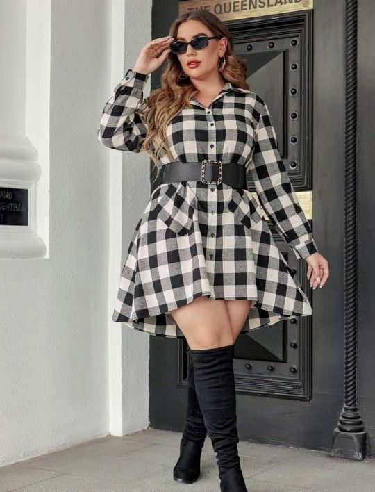 Plus Size Size 16W Black And off White Flannel Plaid Dress