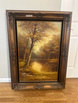 Nice Vintage Phillip Cantrell Oil Painting Autumn Trees River Landscape 34”x46” Gold Framed