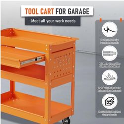 3 Tier Rolling Tool Cart, Heavy Duty Tool Cart on Wheels for Mechanics,400 LBS Tool Cart with Drawers for Garage, Warehouse & Repair Shop (Orange)