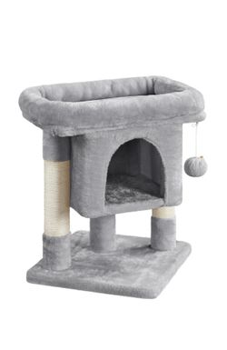 23.5" Two-Level Small Cat Tree Condo with Plush Perch, Light Gray