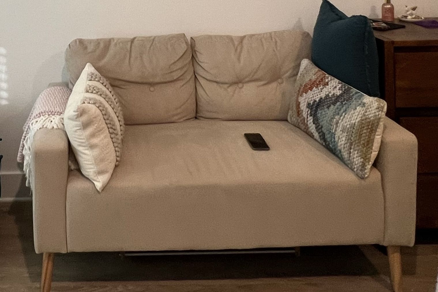 Small Velveteen Upholstered Settee In Camel