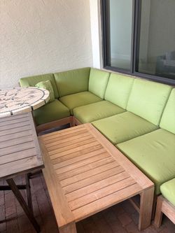 Outdoor Teak Sectional Sofa with Green Cushions