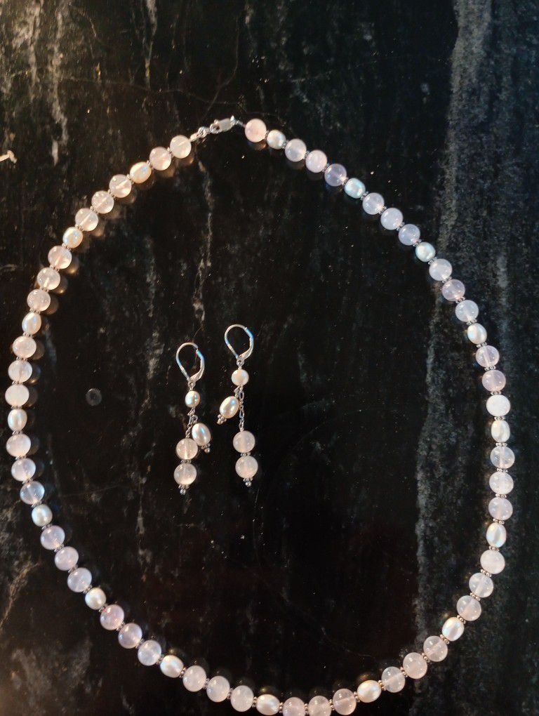 Rose Quartz & Pearl Necklace | Earrings