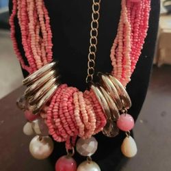 Peach & White Beaded and Gold accented Necklace