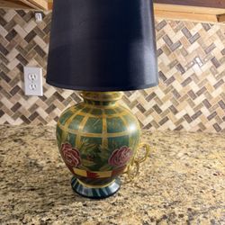 Porcelain Table Lamp Painted Rose Floral Yellow Green   Checkered 5"W*7"D*13..5"H