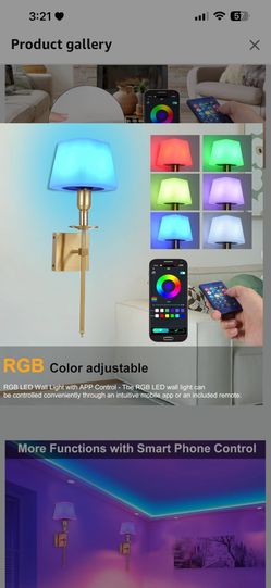 RGB Battery Operated Wall Sconces Set of 2, Wireless LED Wall Lights Indoor with App Control, Dimmable Rechargeable Gold Wall Lamps, Music Sync, Timer