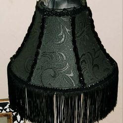 VINTAGE GOTHIC BLACK LACE DAMASK BEADED FRINGE SIDE TABLE LAMP SHADE DECOR