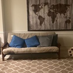 Full Size Wood Arm and Black Metal Reclining Futon Frame, Tan
