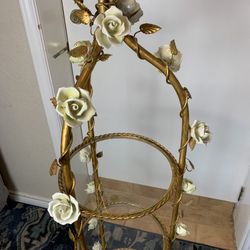 Vintage Mid-Century Italian Tole 3-Tier Étagère Stand w/ Ceramic Roses & Glass Shelves