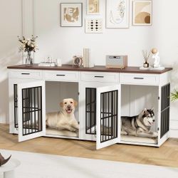 87" Dog Crate Furniture for 2 Dogs, Double Dog Cage Furniture, White Extra Large Wooden Dog Kennel with 4 Drawer, Removable Divider, Furniture-Style T