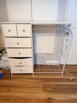 White Dresser with Fabric Drawers and Hanging Rail