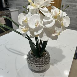 Briful Orchids Artificial Flowers, 20'' White Faux Orchid with Silver Vase