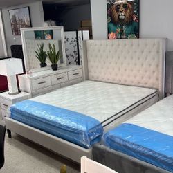 4 Pcs Queen Bedroom Set Beige Color Fabric Bed
