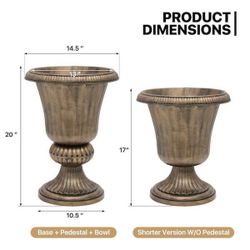 Bronze Plastic Outdoor Round Floor Planter Garden Porch Roman-Style Decorative Flower Pot (14.5 in. W x 20 in. H)
