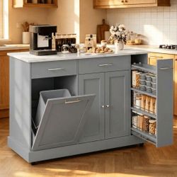 53" Kitchen Island with Storage, Rolling Kitchen Cart Island with Wheels, Tilt Out Kitchen Trash Cabinet 10 Gallon Storage, 3 Large Spice Racks and 2