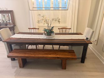 Wood farmhouse table + bench + three chairs