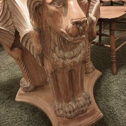 Solid Wood Carved Lion Table Glass Top Is 52 In Around And Four Chairs Good Condition