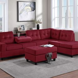 New red Velvet Reversible Sectional And Ottoman