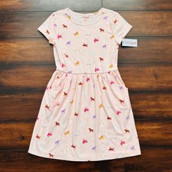 Baby Girl Clothes Big Girls Cat & Jack Pink Knit Unicorn Short Sleeve Dress With Pockets Size L 10/12 New With Tag 