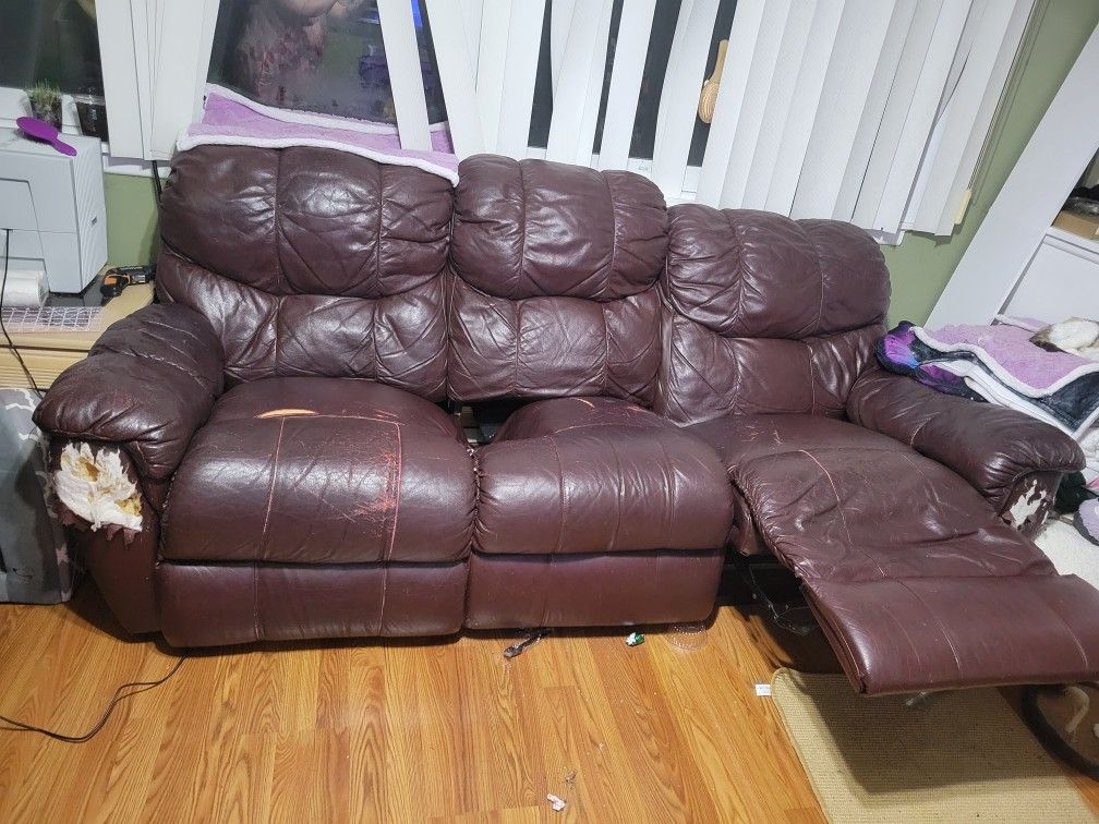 Brown Leather Recliner Couch, ~84"