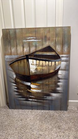 Large Rustic Rowboat Wall Art on Wood Panel – 3D Textured Coastal Decor
