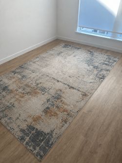 Modern Distressed Area Rug – Cream, Blue & Rust Abstract Design (Approx. 8’ x 10’)