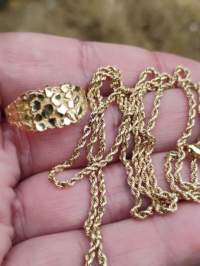 10k Set 28 Inch Rope & Nugget Ring